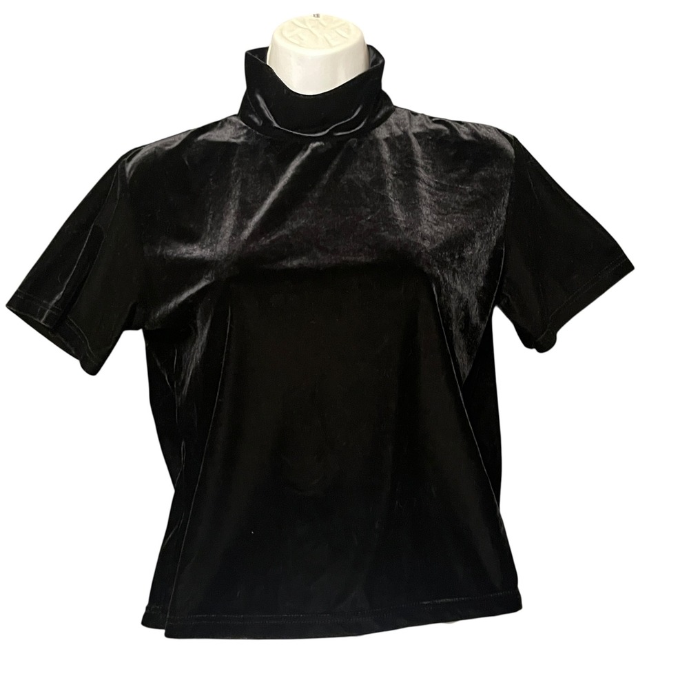 Vintage Velvet Velour Mock Neck Top Short‎ Sleeve Black Sz M Whimsigoth Stretch